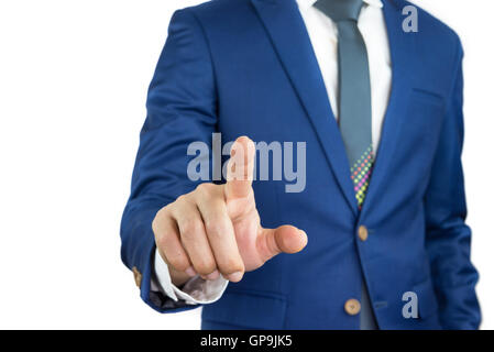 Geschäftsmann Index Zeigefinger, Aktion des Touchscreens. Geschäftsmann auf weißen Hintergrund zu isolieren. Mann im blauen Anzug Berührungen in Stockfoto