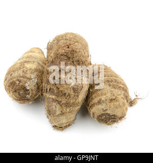 Haufen von kleinen braunen Taro mit Wurzelhaare auf weißen Hintergrund isoliert Stockfoto