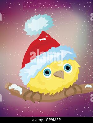 Illustration des gelben Vogel mit Weihnachtsmütze Stock Vektor