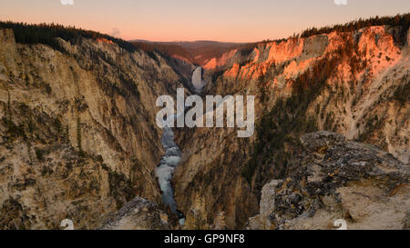 Ersten Morgenlicht am unteren fällt Yellowstone River, Grand Canyon of the Yellowstone National Park. Wolkenloser Himmel am Morgen Stockfoto