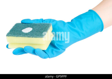 Hand in der blauen Handschuh mit Schwamm und einem Tropfen des Reinigers. Isoliert. Stockfoto