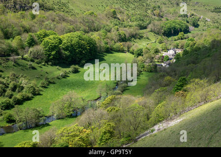Der Fluss Wye fließt durch Monsal Dale in der Peak District National Park, Derbyshire. Stockfoto