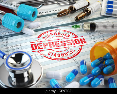 Depression-Diagnose. Stempel, Stethoskop, Spritze, Bluttest und Pillen in der Zwischenablage mit medizinischen Bericht. 3D illustration Stockfoto