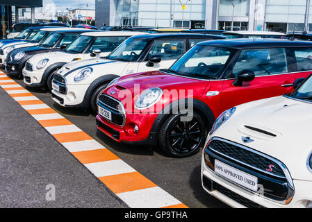 Vorplatz der Mini Händler Showroom mit vielen zugelassenen gebrauchten Minis zum Verkauf. Stockfoto