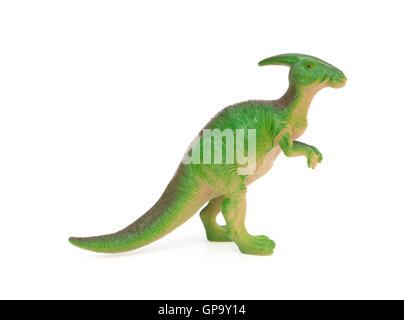 Seite Ansicht grün Parasaurolophus Spielzeug auf weißem Hintergrund Stockfoto