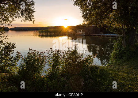 Landschaft auf einem See mit Bäumen und Schilf und boatshouse Stockfoto
