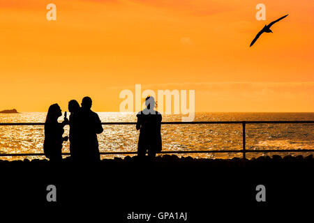 Menschen in Silhouette gegen einen intensiven Sonnenuntergang über den Towan Kopf in Newquay, Cornwall gesehen. Stockfoto