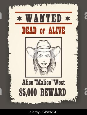 Wollte Poster mit Mädchen Gesicht in Cowboy-Hut auf dunklem Hintergrund im Retro-Wild West Stil gezeichnet. Vektor-Illustration. Stock Vektor