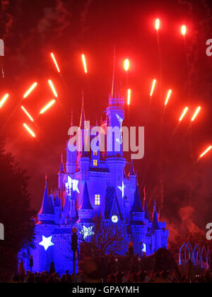 Orlando, Florida. 19. Februar 2013. Walt Disney Welt Cinderella Castle im Magic Kingdom beleuchtet und mit Feuerwerk Stockfoto