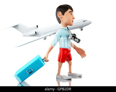 3D Renderer Bild. Mann mit einem Koffer, Kamera und Flugzeug in den Urlaub geht. Reisekonzept. Isolierten weißen Hintergrund. Stockfoto