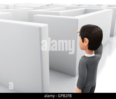 3D Illustration. Geschäftsmann, stehen im Eingangsbereich ein Labyrinth. Geschäfts- und Herausforderung Erfolgskonzept. Isolierten weißen staatlich Stockfoto