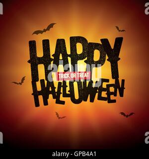 Vektor-Happy Halloween-Design mit Trick or Treat Text und Fledermaus-Silhouette-Illustration. Stock Vektor