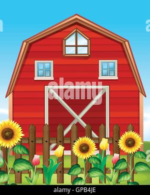 Rote Scheune und Sonnenblumenfeld illustration Stock Vektor