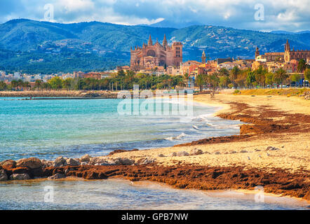 Sandstrand in Palma De Mallorca, gotische Kathedrale La Seu im Hintergrund, Spanien Stockfoto