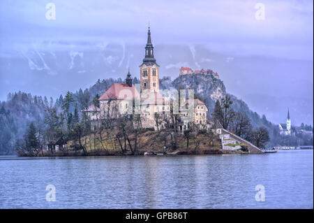 Kirche der Jungfrau Maria auf der See-Insel in Bled, Slowenien Stockfoto