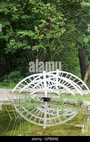 Kleine Holzbrücke in einem Garten mit Reflexion Stockfoto