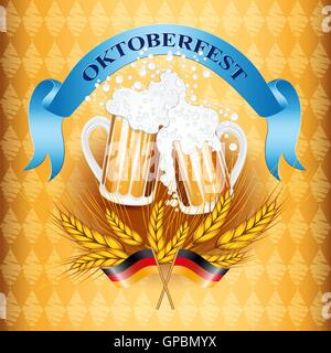 Vintage styled Emblem mit Gläser Bier und zwei deutsche Fahnen für das Oktoberfest. Vector Illustration. Stock Vektor