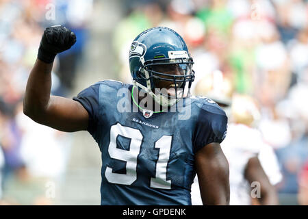 September 12, 2010, Seattle, WA, USA; Seattle Seahawks defensive Ende Chris clemons (91) feiert im dritten Quartal gegen die San Francisco 49ers in der Qwest Field. Seattle besiegt San Francisco 31-6. Stockfoto