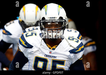 September 26, 2010, Seattle, WA, USA; San Diego Chargers linebacker shaun Phillips (95) in das Feld vor dem Spiel gegen die Seattle Seahawks am Qwest Feld. Stockfoto