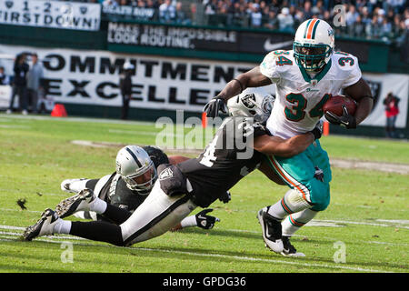 November 28, 2010; Oakland, Ca, USA; Miami Dolphins zurück läuft Ricky Williams (34) ist durch die Oakland Raiders Sicherheit Mike Mitchell (34) im Laufe des zweiten Quartals an den Oakland angegangen Oakland-Alameda County Coliseum. Stockfoto