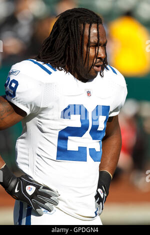 Dezember 2010; Oakland, CA, USA; die Indianapolis Colts Running Back Joseph Addai (29) wärmt sich vor dem Spiel gegen die Oakland Raiders im Oakland-Alameda County Coliseum auf. Indianapolis besiegte Oakland mit 31:26. Stockfoto