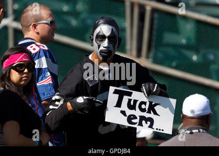 Okt 2, 2011; Oakland, Ca, USA; Oakland Raiders Fan auf der Tribüne mit einem Schild vor dem Spiel gegen die New England Patriots bei o.co Kolosseum. Stockfoto