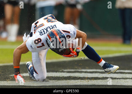 Nov 6, 2011; Oakland, Ca, USA; Denver Broncos wide receiver Eric Decker (87) fängt einen Pass für einen Touchdown gegen die Oakland Raiders im ersten Quartal bei o.co Kolosseum. Stockfoto