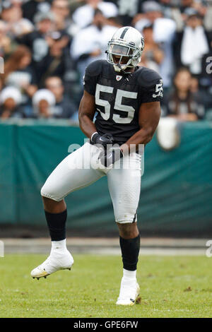 Dez 18, 2011; Oakland, Ca, USA; Oakland Raiders middle linebacker Rolando mcclain (55) feiert nach Entlassung Detroit Lions Quarterback Matthew Stafford (nicht abgebildet) im zweiten Quartal o.co Kolosseum. Stockfoto