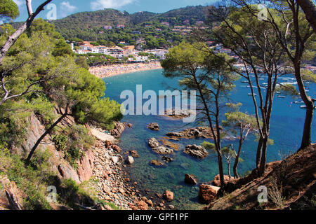 GIRONA/Spanien - 14. August 2016: Strand mit kristallklarem Wasser südlich von Dorf Llafranc an der Costa Brava Stockfoto