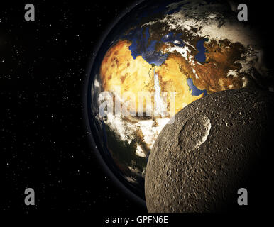 3D Planet Erde Mond im Raum auf dem schwarzen Hintergrund Stockfoto