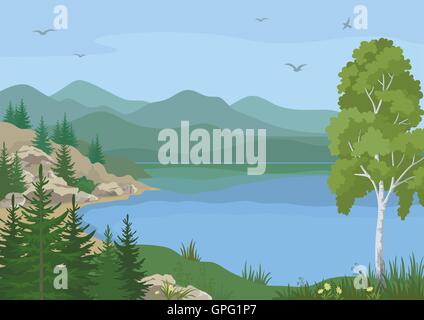Landschaft mit Bäumen und Bergsee Stock Vektor