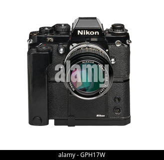 1990 Nikon F3 professionellen 35mm Filmkamera mit MD4 Motordrive und 105 mm Objektiv Stockfoto