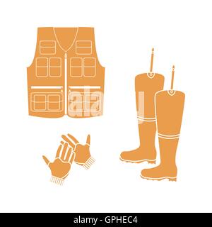Stilisierte Icon Set von eine farbige Weste, Stiefel und Handschuhe auf weißem Hintergrund Stock Vektor