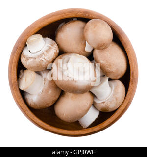 Braune Champignons in einer Holzschale auf weißem Hintergrund. Agaricus Bisporus, Speisepilze, genannt auch Cremini. Stockfoto