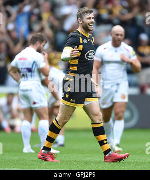 Wasps Rob Miller feiert den Sieg nach dem Spiel der Aviva Premiership in der Ricoh Arena, Coventry. Stockfoto