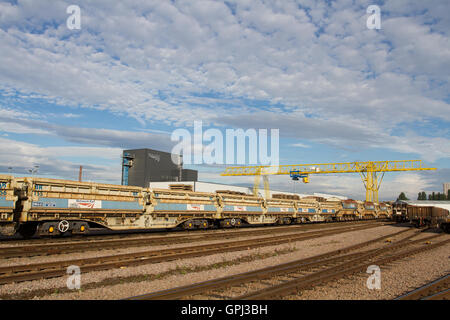 Ein Network Rail Infrastructure Depot mit Güterzügen bereit zur Abfahrt mit Schwellen und Schotter für Engineering geladen. Stockfoto