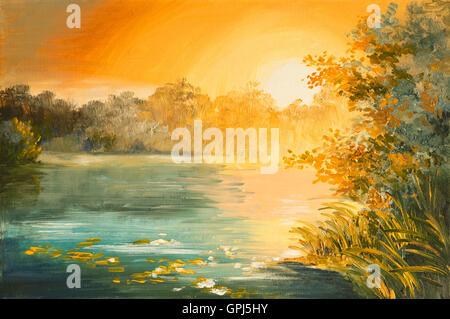 Ölgemälde - Sonnenuntergang am See, farbenfrohe Kunst Zeichnung, Herbst, gelb Stockfoto