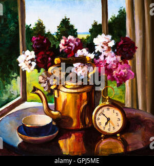 Ölgemälde - Stilleben, einen Strauß Blumen, Uhr und Wasserkocher auf Tisch Stockfoto