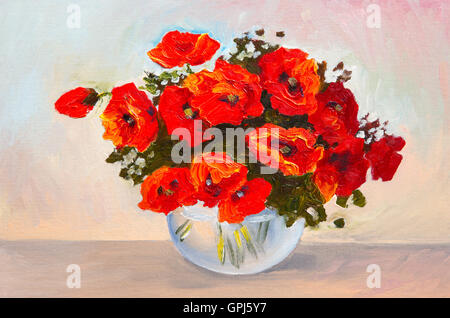 Ölgemälde von Aquarell Stillleben Mohn Blumenstrauß in vase Stockfoto