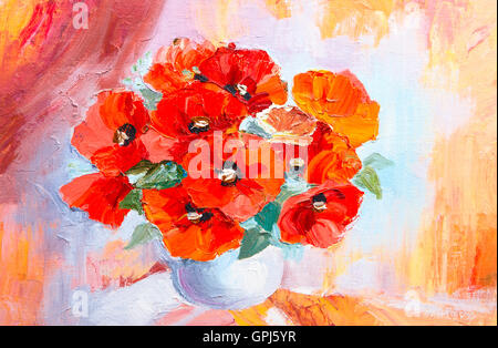 Ölgemälde mit Bouquet von Mohn in Vase Stilleben Stockfoto