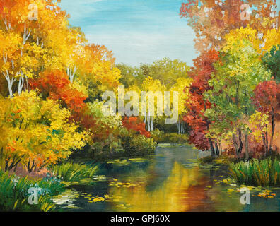 Ölgemälde auf Leinwand - farbenfrohe Herbstwald, Impressionismus, Design, Farbe Stockfoto
