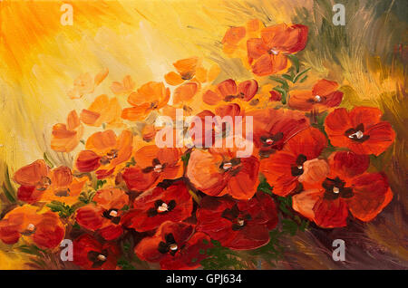 Öl-Malerei - abstrakte Abbildung von Mohn auf rot-gelben Hintergrund, Hintergrundbilder Stockfoto