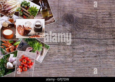 Collage aus Essen Fotos auf rustikalen hölzernen Hintergrund mit textfreiraum für text Stockfoto