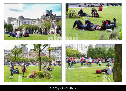 Stadtzentrum Parks Piccadilly, Manchester. UK Wetter: 04 Sep 2016. Die Studenten nutzen das schöne, warme Wetter über Manchester bei einer entspannten Pause in Piccadilly Gardens. Viele Schulen und Hochschulen kehren am Montag zurück, um das neue Bildungsjahr zu beginnen. Mit der Nähe von Manchester Metropolitan und der University of Manchester ist Piccadilly Gardens ein idealer zentraler Treffpunkt für Studenten, um Freunde zu treffen. Quelle: Cernan Elias/Alamy Live News Stockfoto