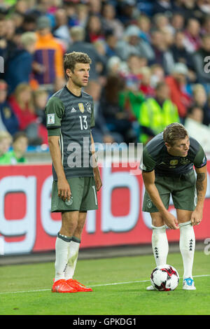 Ullevaal Stadion, Oslo, Norwegen. 04. September 2016. WM Qualifikation Fußball. Norwegen im Vergleich zu Deutschland. Thomas Müller Deutschland blickt auf während des Spiels Fußball WM Qualifikation im Ullevaal-Stadion in Oslo, Norwegen. Bildnachweis: Aktion Plus Sport/Alamy Live-Nachrichten Stockfoto