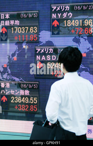 Ein Mann geht vorbei ein Lager Elektronikplatine zeigt Japans Nikkei Stock Average die bis 0,66 % oder 111,95 Punkte auf 17,037.63 am 5. September 2016, Tokyo, Japan geschlossen. (Foto von Rodrigo Reyes Marin/AFLO) Stockfoto