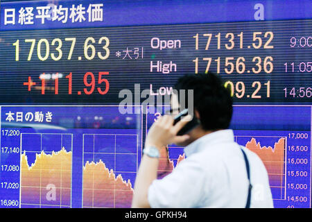 Ein Mann geht vorbei ein Lager Elektronikplatine zeigt Japans Nikkei Stock Average die bis 0,66 % oder 111,95 Punkte auf 17,037.63 am 5. September 2016, Tokyo, Japan geschlossen. (Foto von Rodrigo Reyes Marin/AFLO) Stockfoto