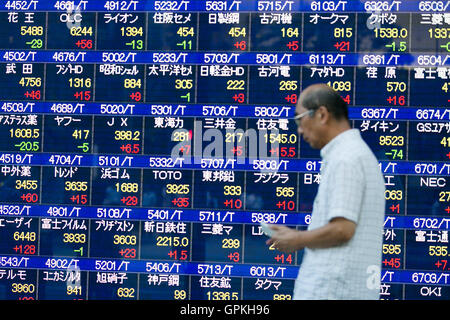 Ein Mann geht vorbei ein Lager Elektronikplatine zeigt Japans Nikkei Stock Average die bis 0,66 % oder 111,95 Punkte auf 17,037.63 am 5. September 2016, Tokyo, Japan geschlossen. (Foto von Rodrigo Reyes Marin/AFLO) Stockfoto