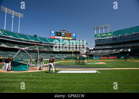 18. April 2010; Oakland, Kalifornien, USA;  Baltimore Orioles nehmen mit der Wimper Praxis vor dem Spiel gegen die Oakland Athletics im Oakland-Alameda County Coliseum. Baltimore besiegten Oakland 8-3. Stockfoto