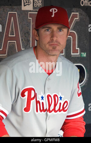 27. April 2010; San Francisco, CA, USA;  Philadelphia Phillies zweiter Basisspieler Chase Utley (26) vor dem Spiel gegen die San Francisco Giants im AT&T Park. San Francisco besiegte Philadelphia 6-2. Stockfoto